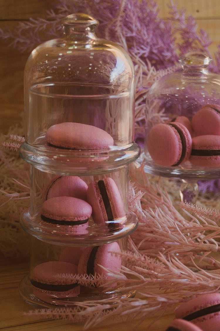 Pink Macarons In Glass Jar