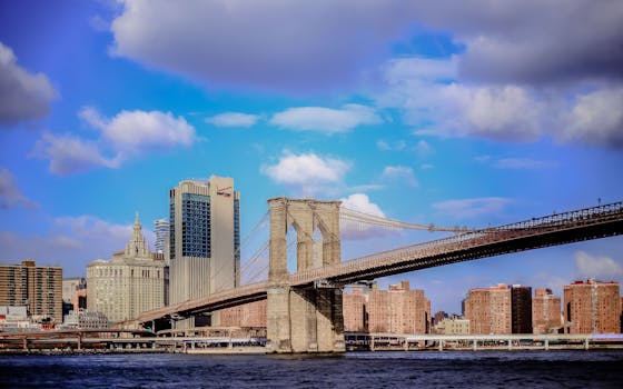 晴朗的天空下，布鲁克林大桥的风景与曼哈顿天际线交相辉映