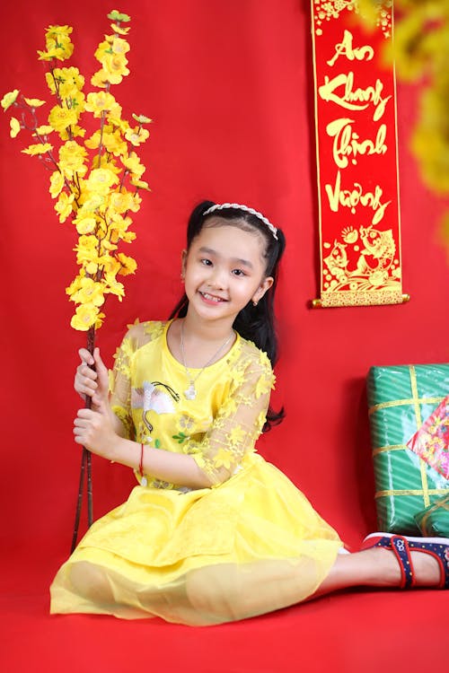 Fotos de stock gratuitas de año nuevo lunar, Flores amarillas, fondo rojo
