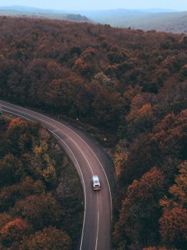 A vintage car travels along a winding road through an autumn forest in İstanbul, Turkey.