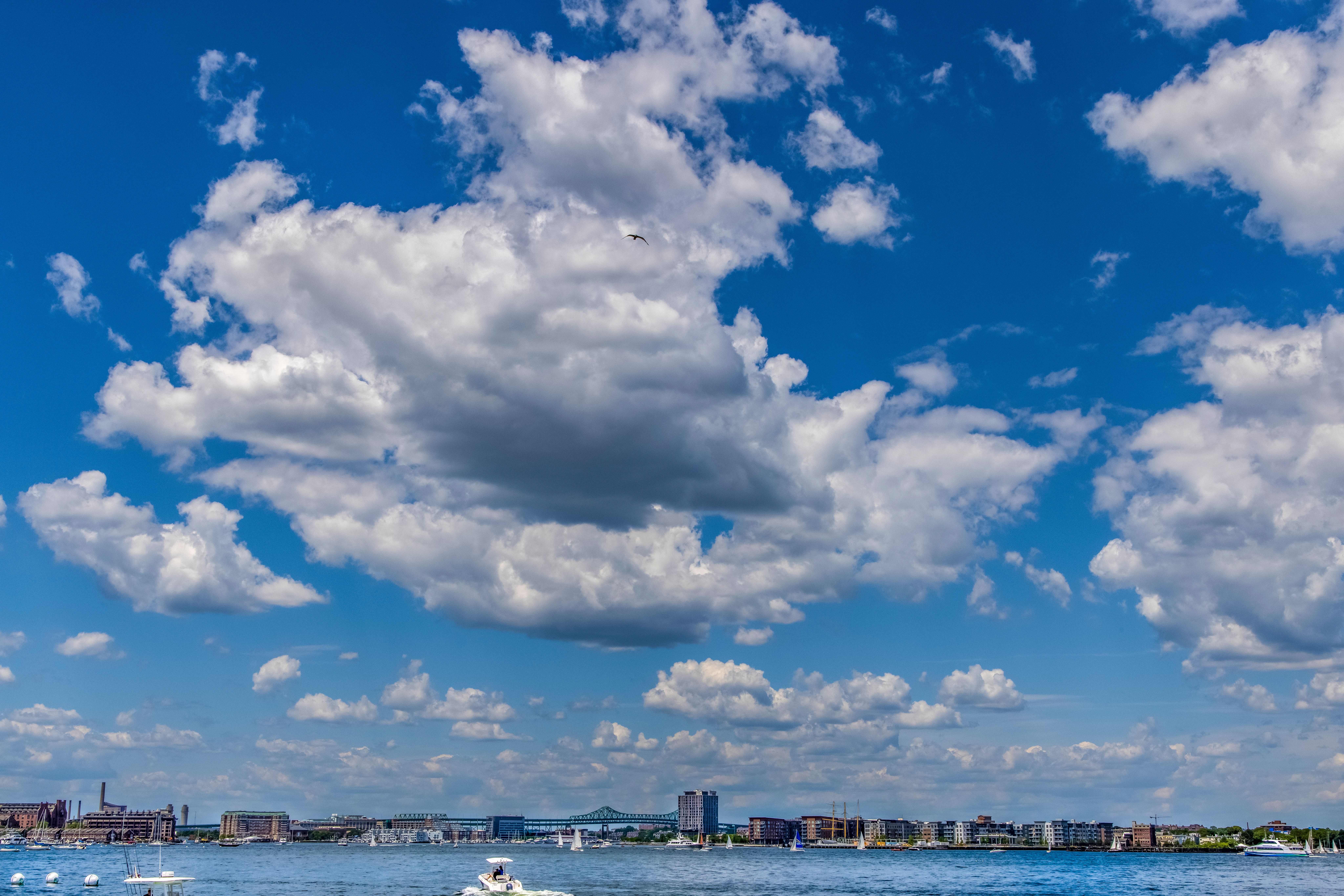 View of Boston Harbor with stunning cloud formations and city skyline against a clear blue sky.
