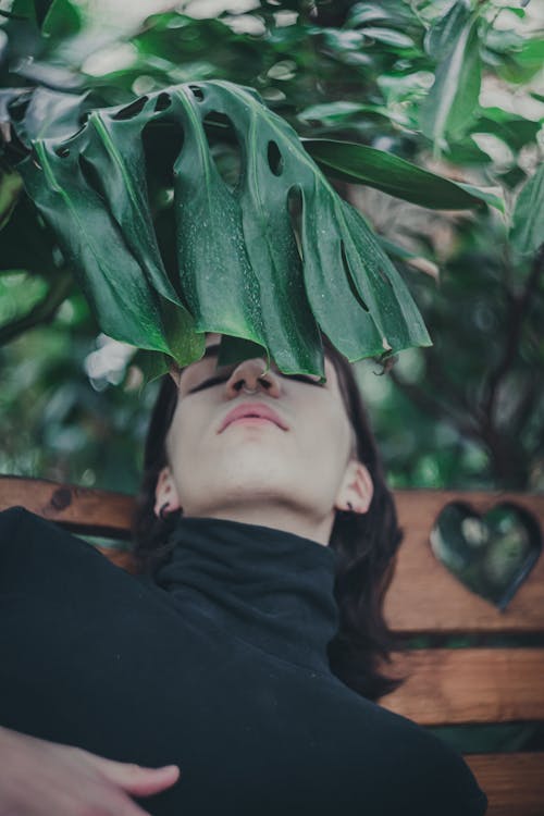 Woman Wearing Nose Ring Under Leaf