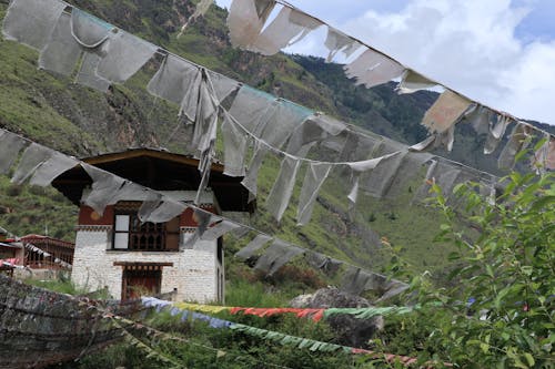 Free stock photo of bhutan, buddhist temple, flags