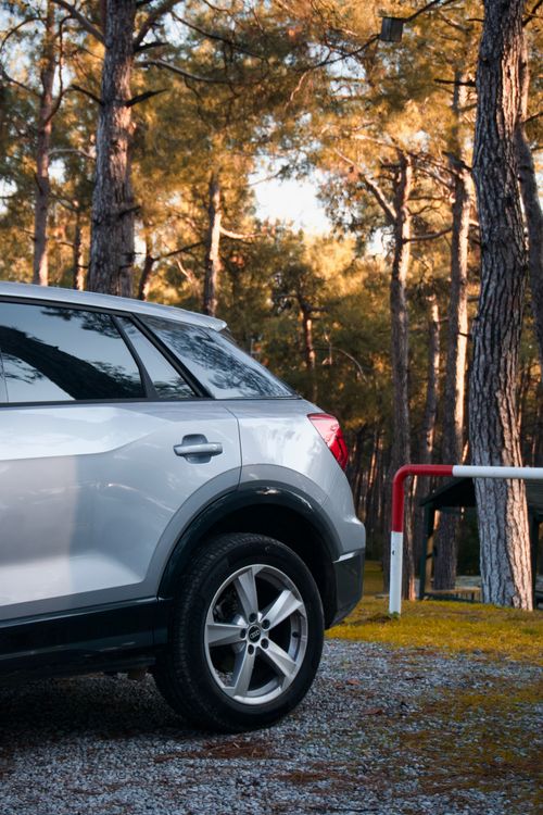 Free A silver SUV parked near a metal railing in a tranquil forest setting during the day. Stock Photo
