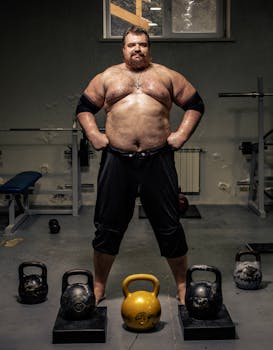 Muscular man shirtless in gym with kettlebells showcasing strength. Indoor workout concept.