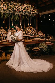 Bride in white wedding dress amidst elegant floral decor at night indoor reception.