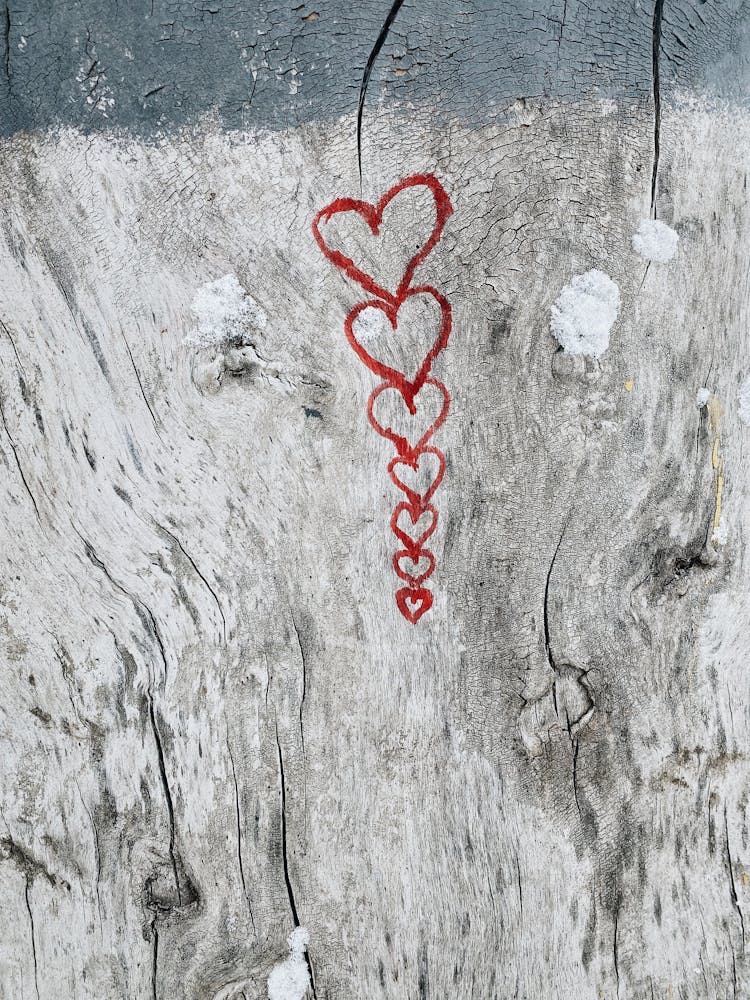 Red Hearts Drawn On Gray Wood