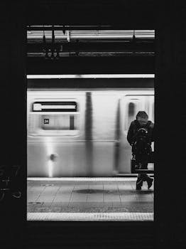 A solitary commuter stands on a platform while a train speeds past in motion blur.