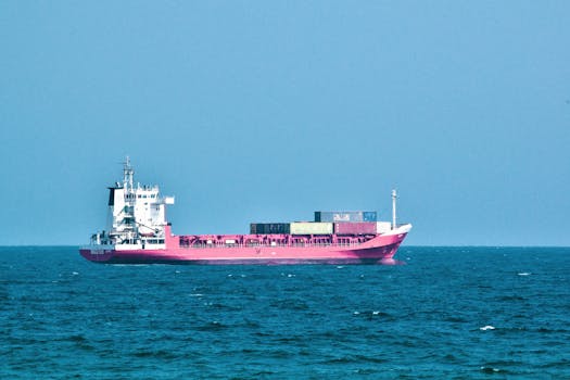 A vibrant pink cargo ship sails through calm blue ocean waters under a clear sky.