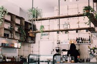 这家迷人的乡村咖啡馆内部，郁郁葱葱的植物和忙碌的咖啡师营造出复古的氛围