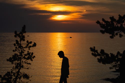 Silhouette of a Person Near a Body of Water During Sunset