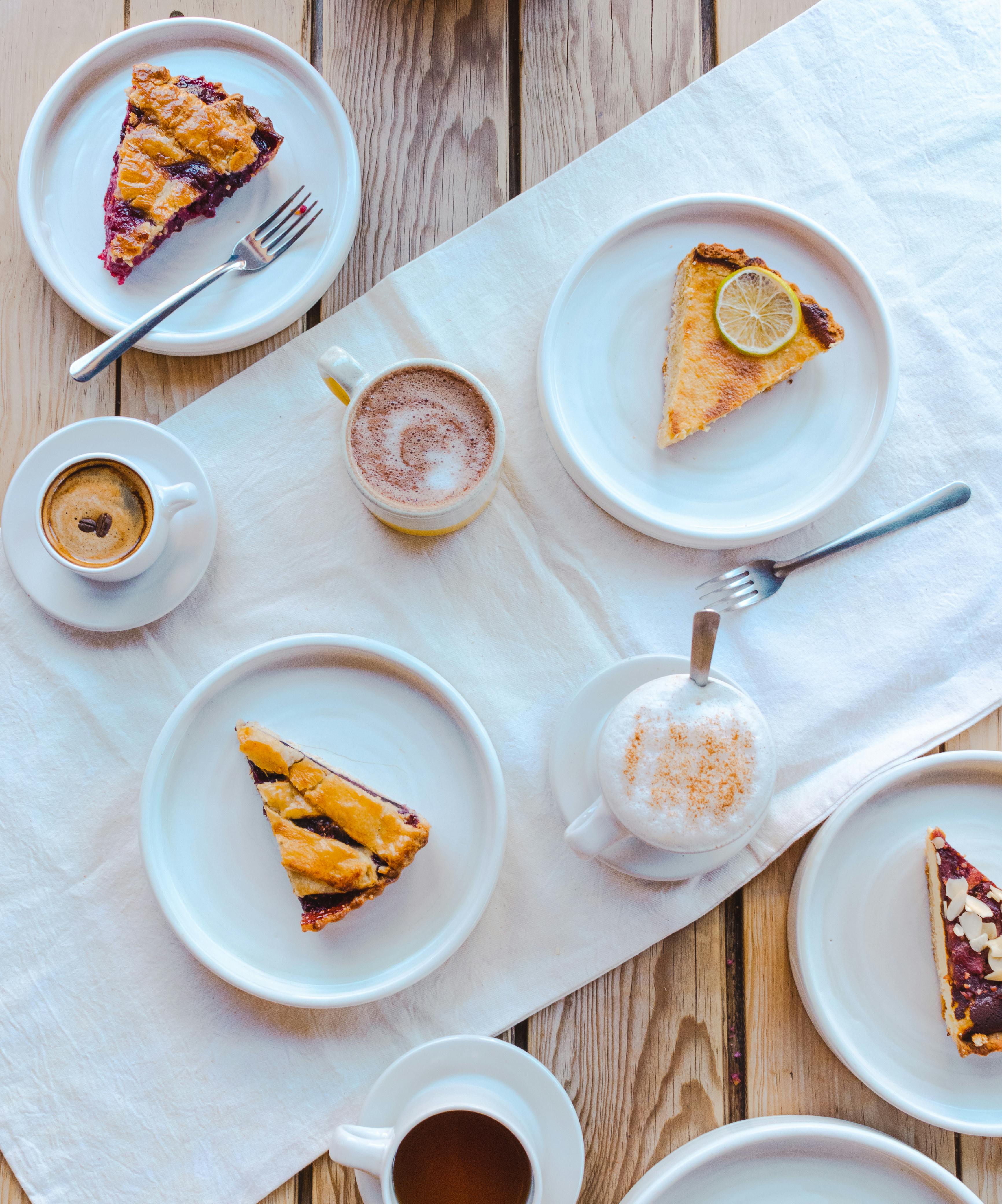 slices of food and drinks on a wooden table