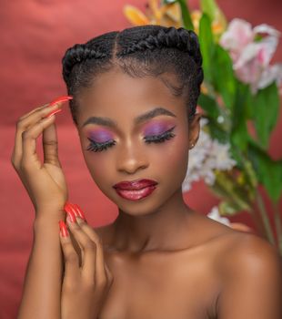 Beautiful portrait of a woman with braided hair and makeup, eyes closed in a serene pose.