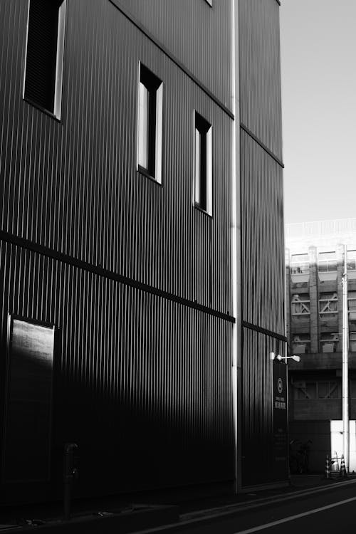 Grayscale Photography of Building with Glass Panel Windows