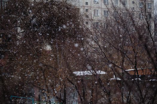 A wintery urban scene with bare trees and snowflakes falling in front of concrete buildings.