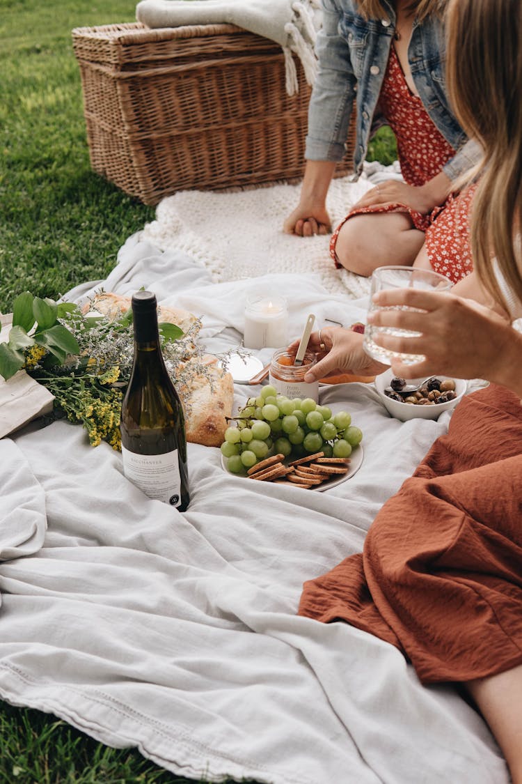 Women Having Fancy Picnic With Grapes And Wine On Grass