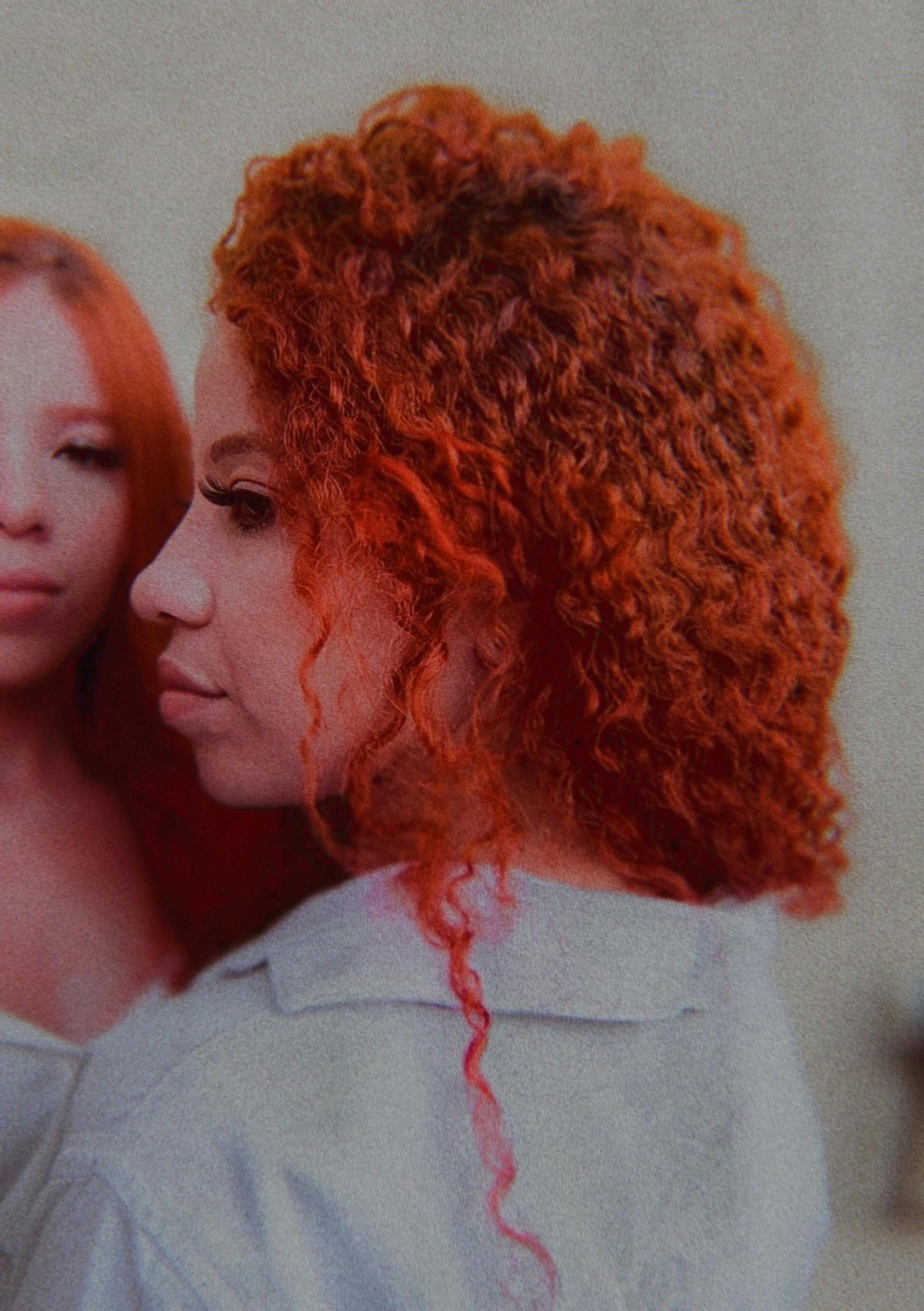 Close-up portrait of women with vibrant curly red hair, showcasing style and texture.