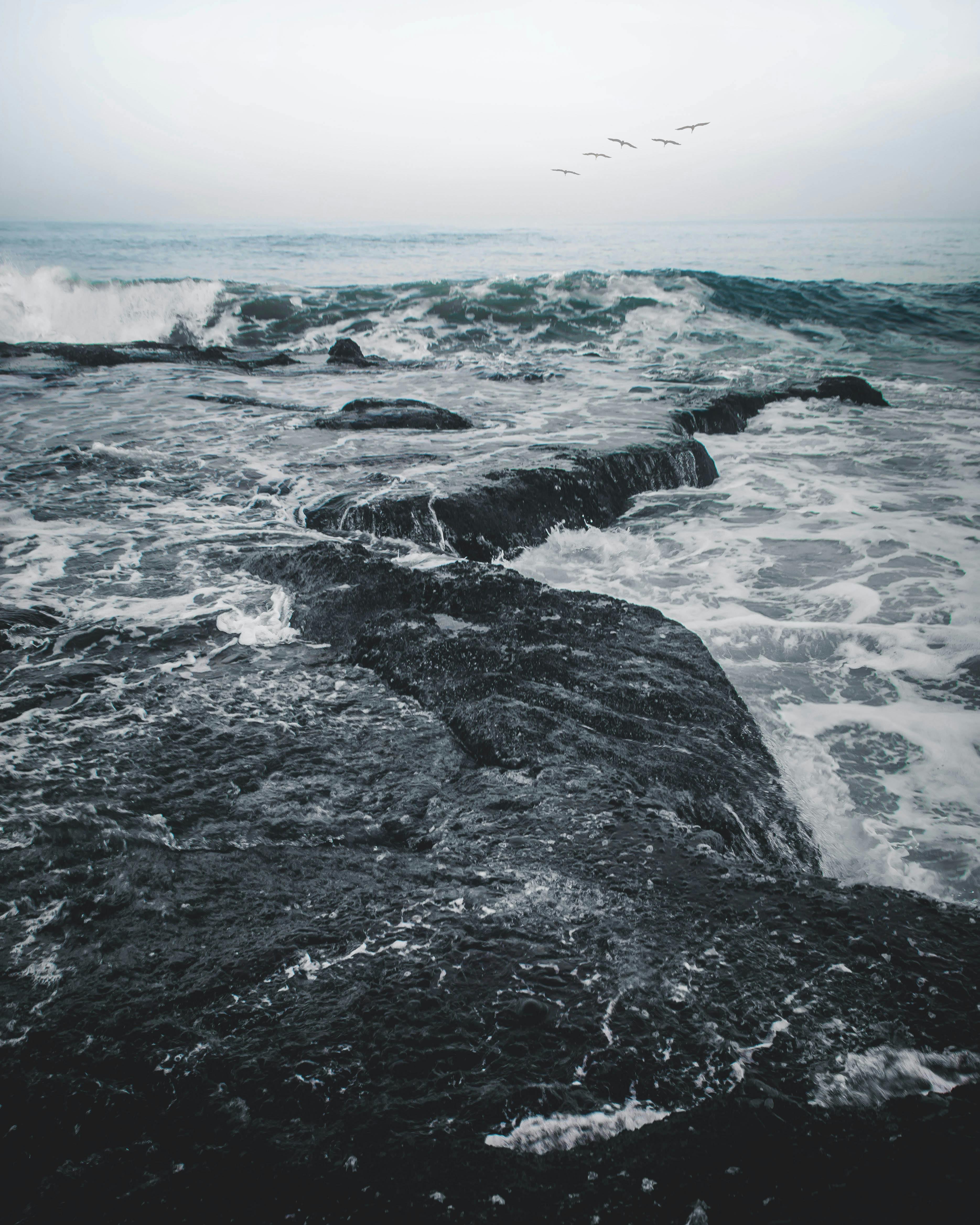巴厘岛的海景喜怒无常，海浪撞击着岩石，鸟儿飞越海洋