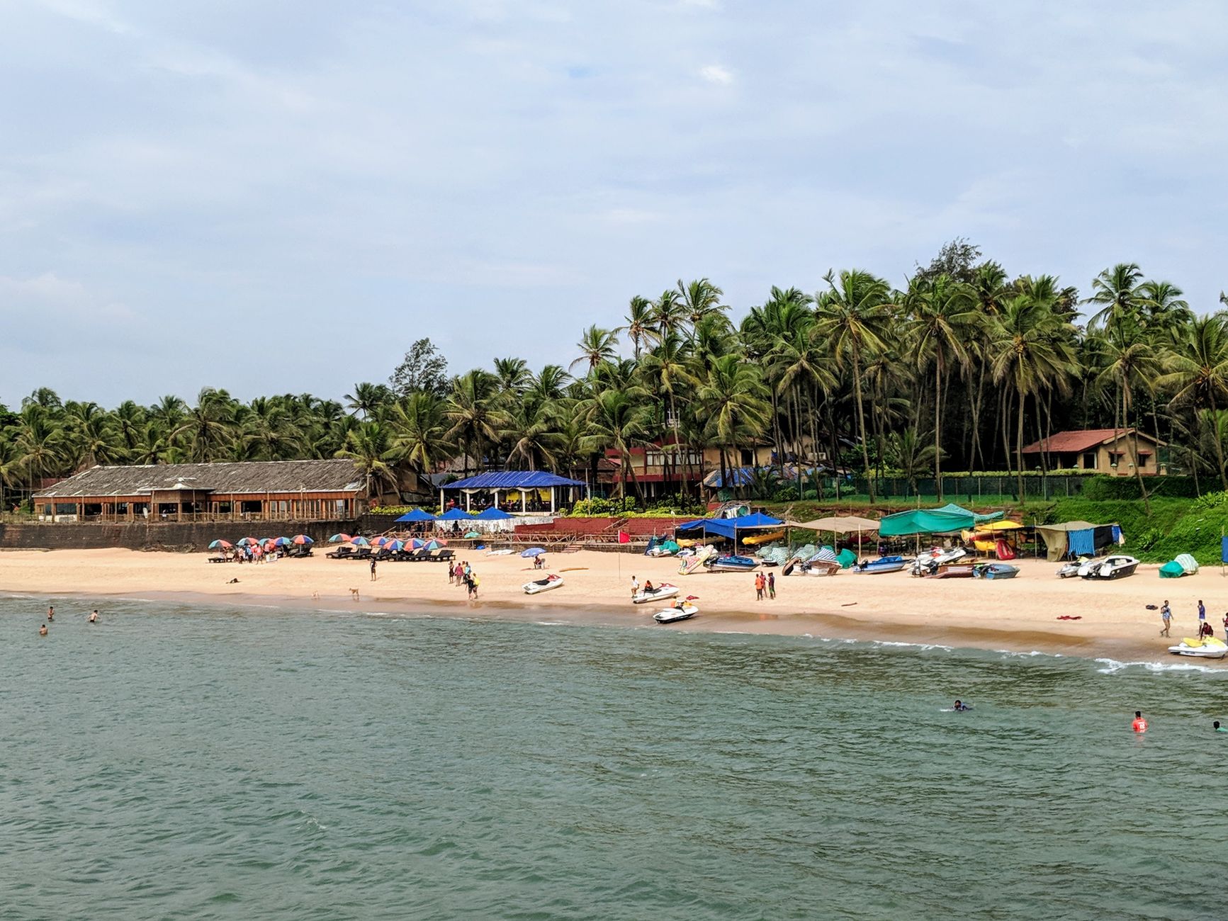 Explore a vibrant tropical beach in Goa, India, with palm trees and recreational activities.