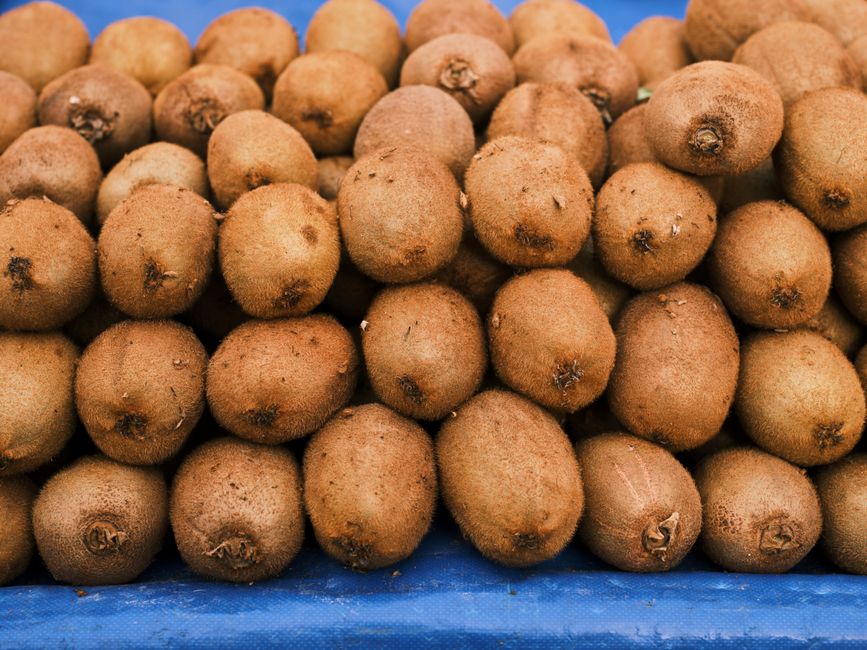 Cluster of fresh kiwi fruits stacked on a blue surface at a local market.