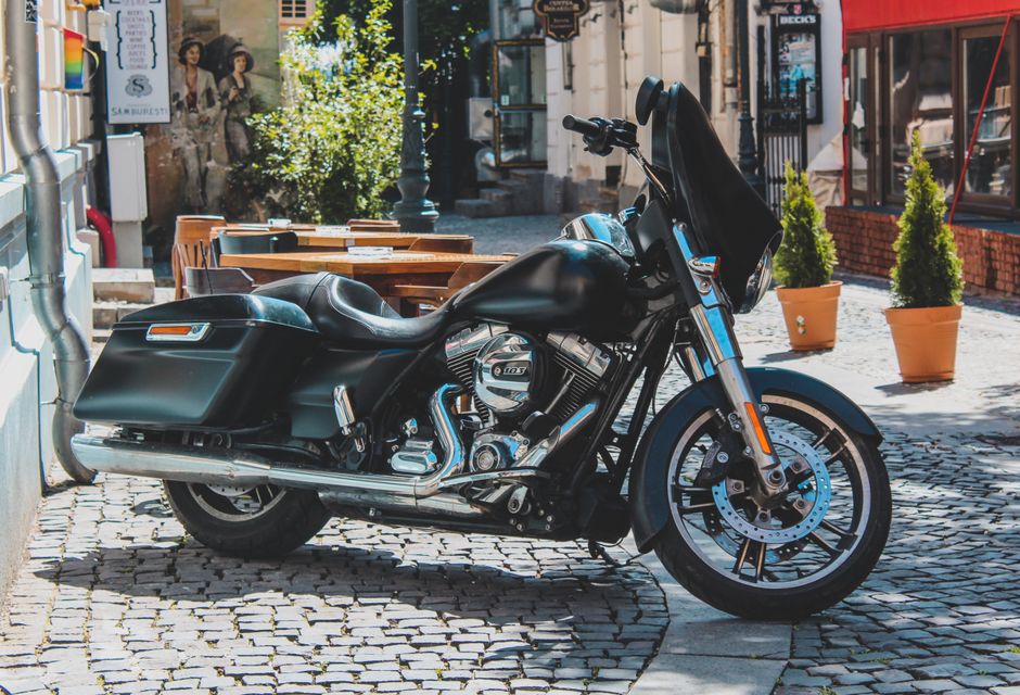 A Harley-Davidson motorcycle parked on a sunny cobblestone street with potted plants nearby.