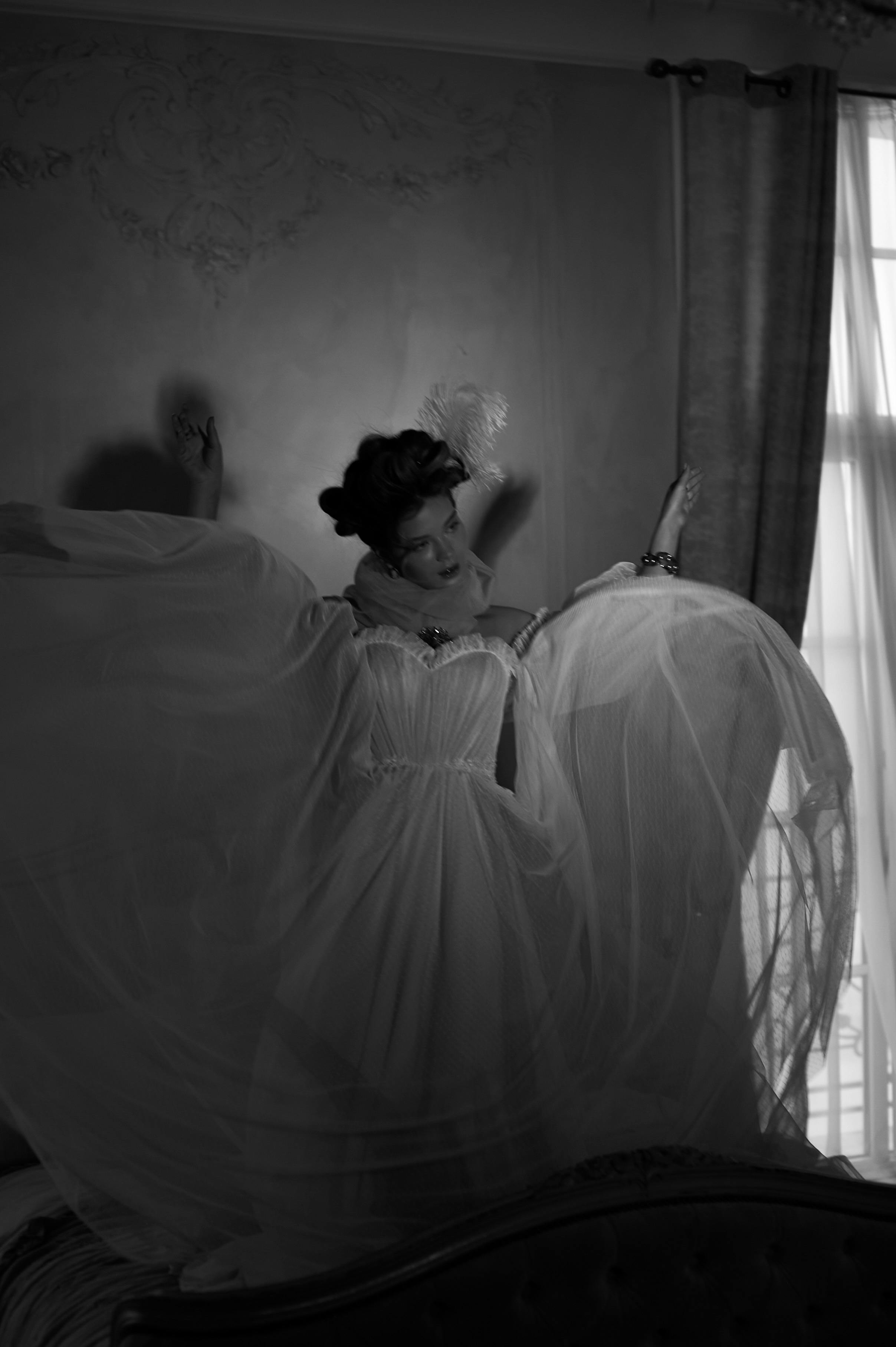 Grayscale Photo of a Woman in Lace Dress · Free Stock Photo