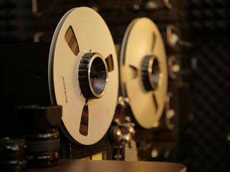Close-up of a vintage reel-to-reel tape recorder in a professional audio recording studio.
