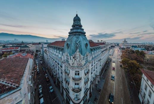 Aerial view of a historic building in Sofia, Bulgaria during day time, featuring ornate architecture.