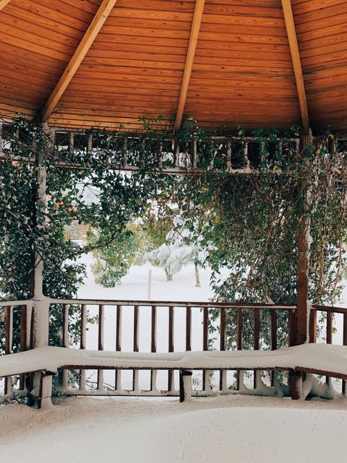 Free A wooden gazebo surrounded by ivy, blanketed in snow, capturing a serene winter scene. Stock Photo