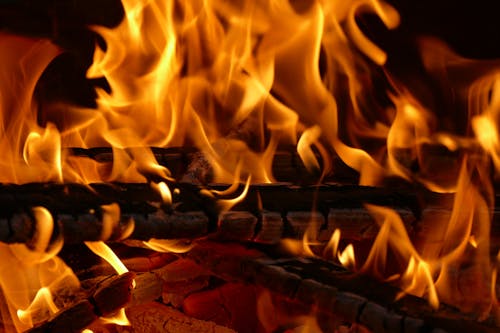 Free Burning Firewood on Fire Pit Stock Photo