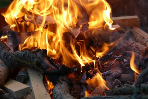 Free Captivating close-up of a campfire with flickering flames and logs burning intensely. Stock Photo