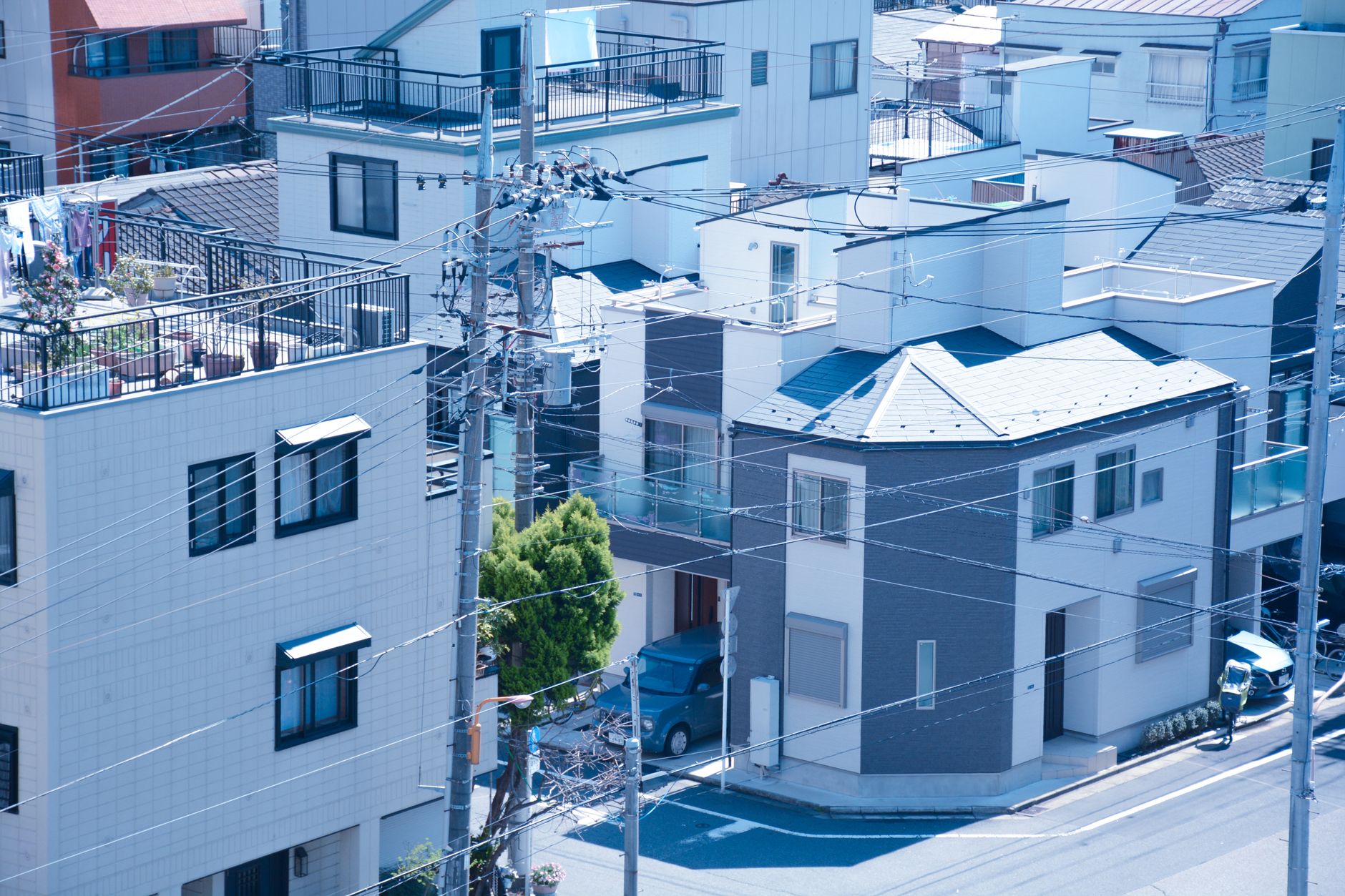 Aerial view of modern residential rooftops in Tokyo's Sumida Ward, Japan.
