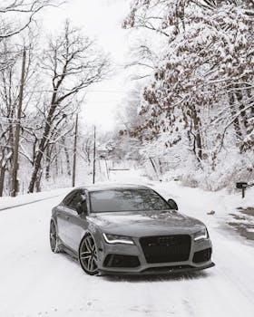 A sleek luxury car parked on a snow-covered road surrounded by winter trees.