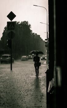 Silhouette of a person walking with an umbrella on a rainy day in Moscow street.