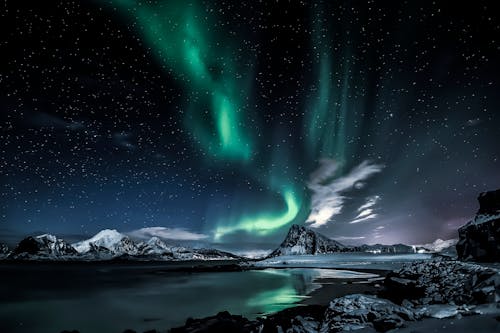 Green Aurora Lights over Snow Covered Mountain during Night Time