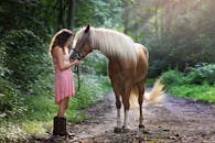 阳光明媚的森林小路上，一位穿着粉红色连衣裙的年轻女子和一匹马并肩而行