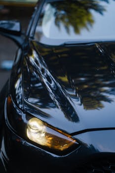 Close-up of a sleek modern car with a luxury feel and shiny reflective surface.