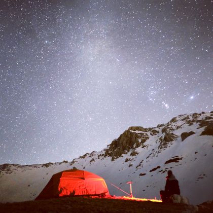 Lit tent under a starry sky — photo by Christian Buttazzo on Pexels