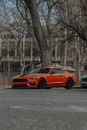 Orange Coupe Parked on Gray Concrete Road Near Bare Trees