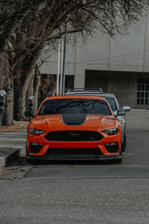 Free Front view of a vibrant orange Ford Mustang parked outdoors, highlighting its sleek design. Stock Photo