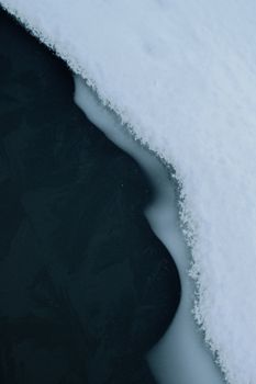 A striking close-up of ice and water, capturing the texture and contrast between ice and dark water.