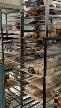 Breads and pastries on display in a Ukrainian bakery with visible price tags.