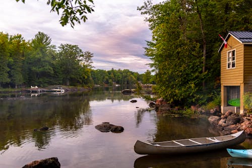 Free stock photo of canoe, cottage, evening