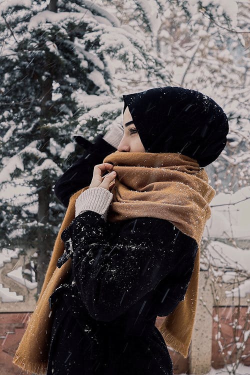 Beautiful Woman in Brown Scarf and Black Hijab 