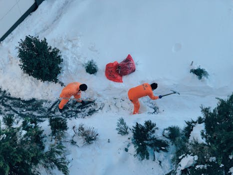 Aerial view of workers in uniform digging snow with shovels on a snow-covered path.