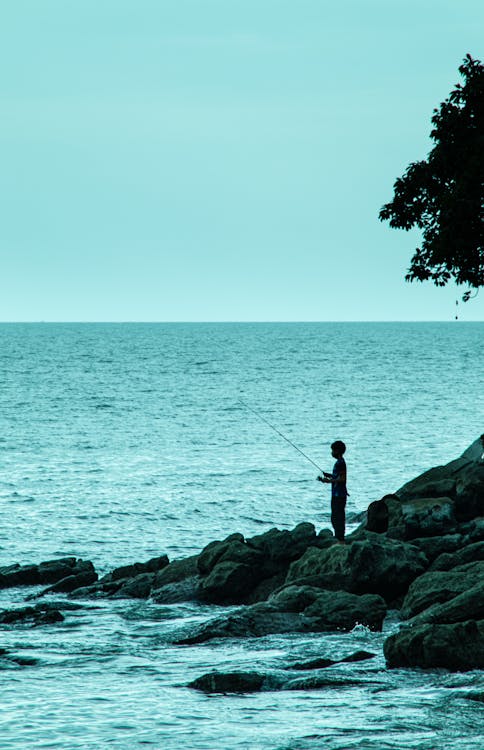 A Person Fishing on the Sea using a Fishing Rod