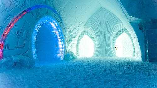 Free Explore the mesmerizing ice sculptures inside Hotel de Glace, showcasing intricate designs and glowing lights. Stock Photo