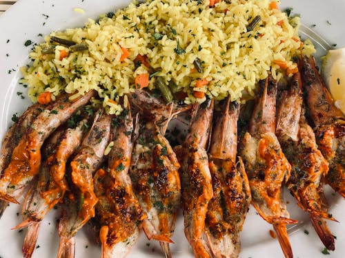 A Close-Up Shot of a Prawn and Rice Meal