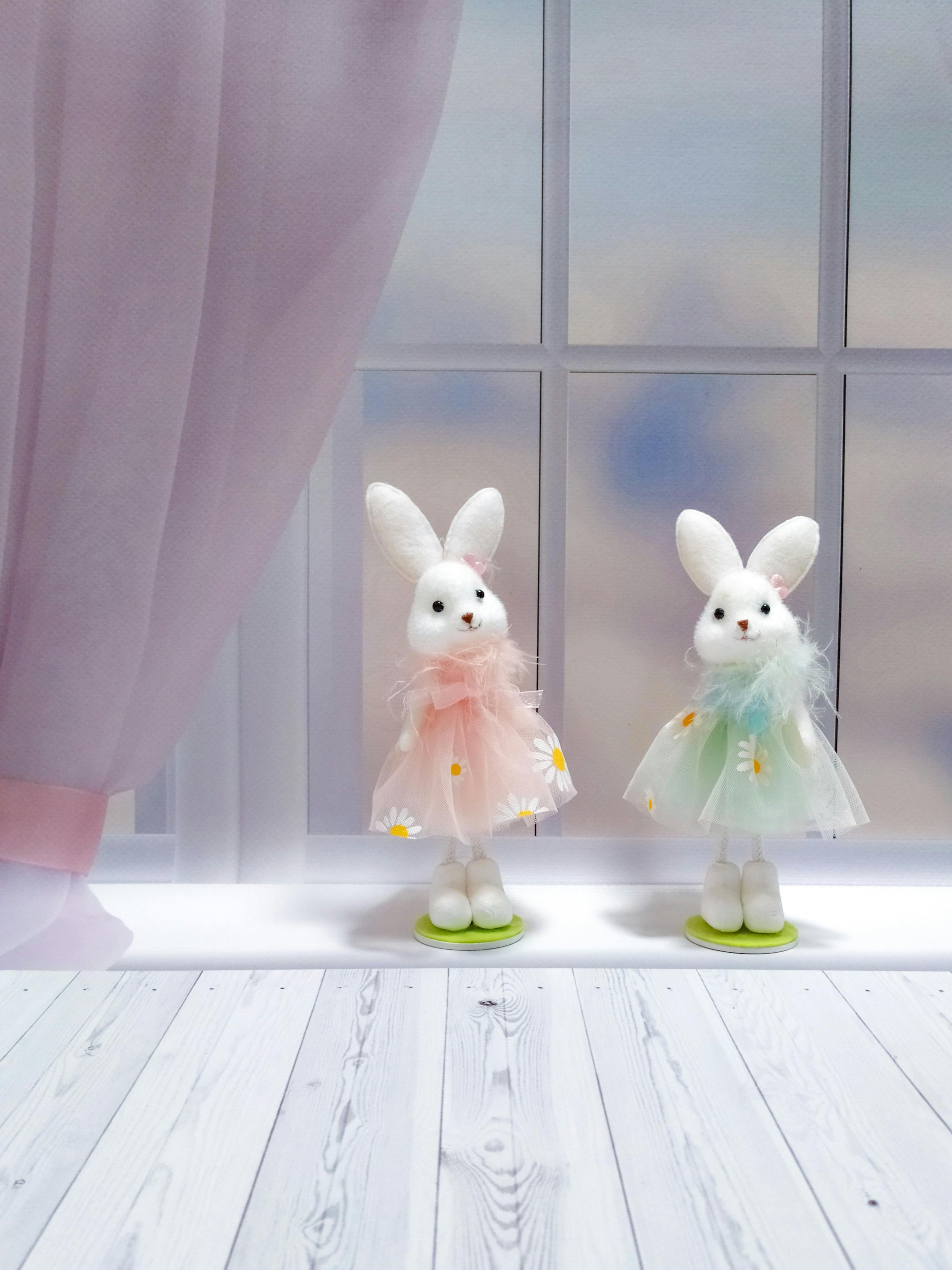 felted rabbit dolls wearing tulle dresses