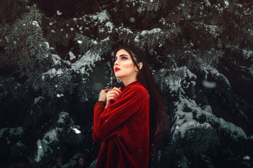 Free A woman in a red sweater standing against snow-covered trees in winter. Stock Photo